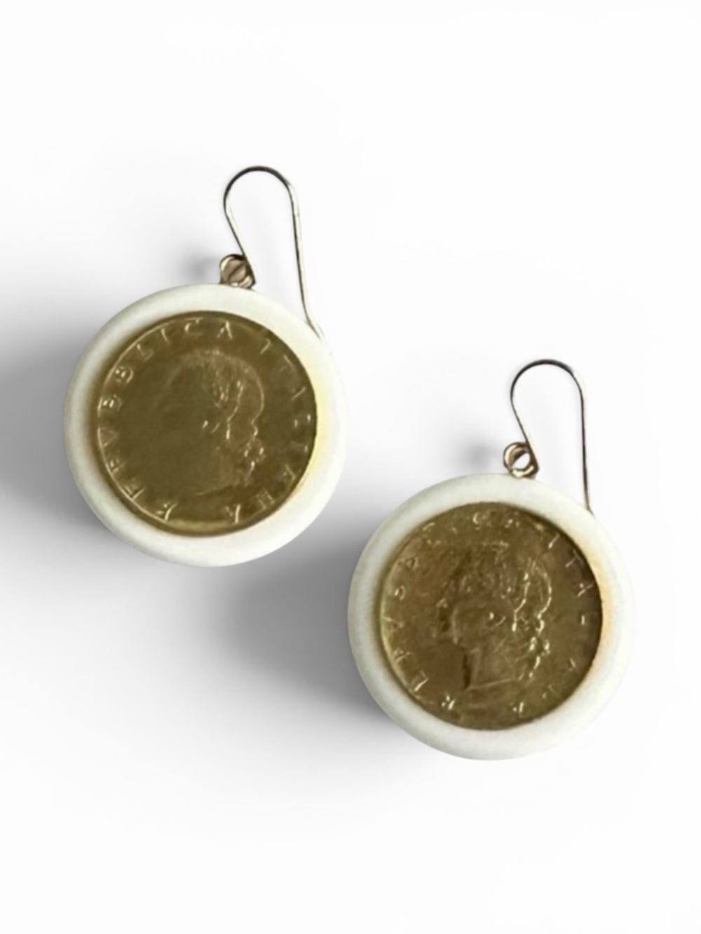 Milor 14K Yellow Gold Italian Lira Coin White Agate Drop Dangle Earrings